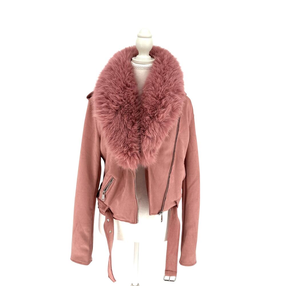 NWT Bellivera Moto Jacket S Dusty Pink Faux Suede Fur Mob Wife Bratz Coquette